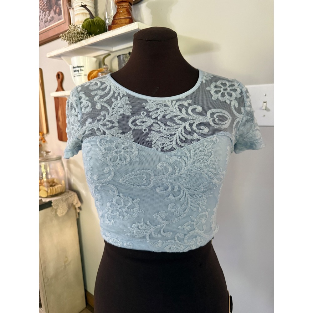 Y2K Lace Crop Top M Light Blue Floral Mesh Short Sleeve sweetheart cottagecore